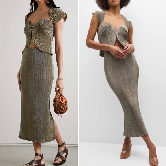 Cult Gaia Milli Satin Structured Pleated Sweetheart Neckline Scalloped Crop Top - Picture 3 of 15